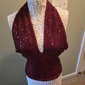 Astr Burgundy Sequin Halter Top